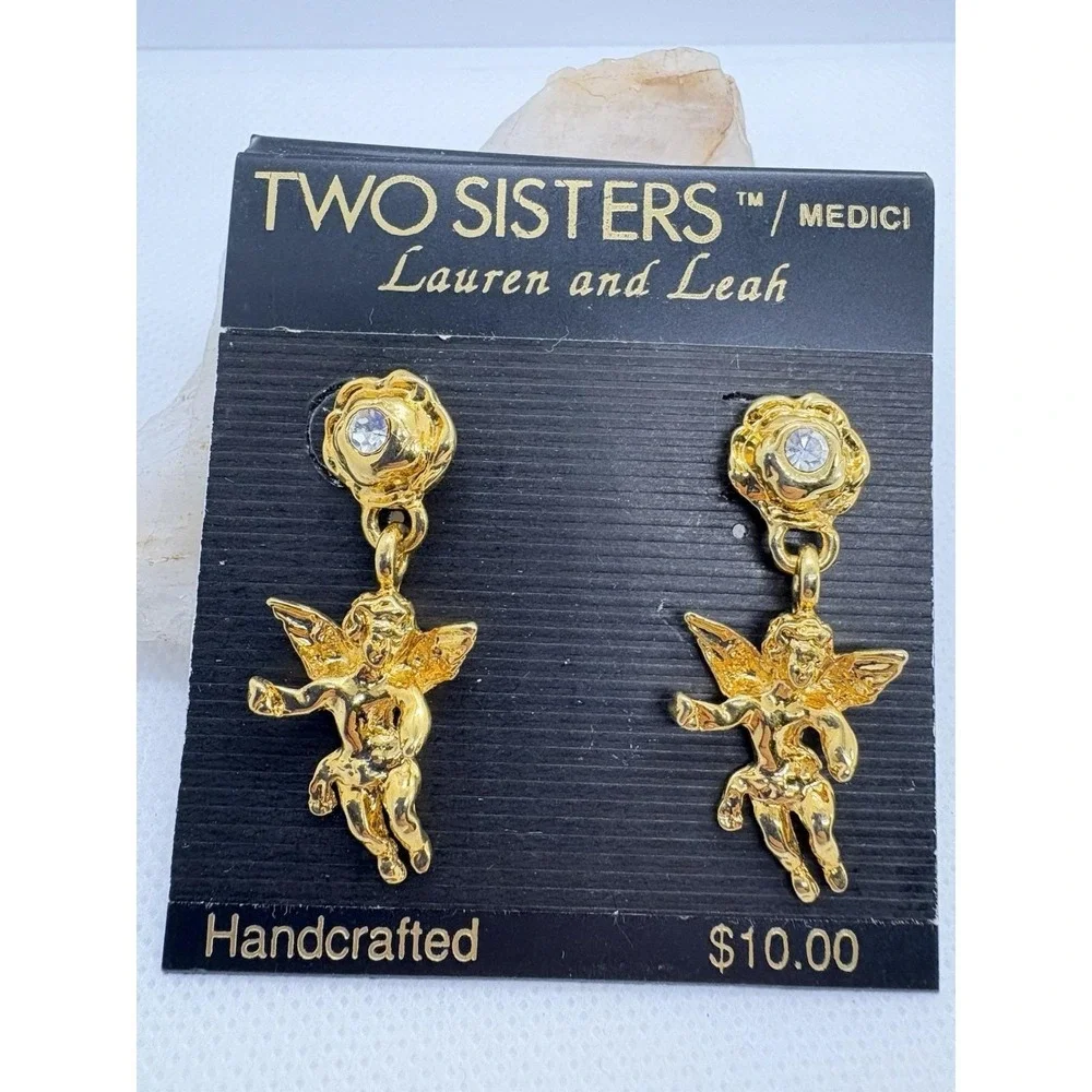 Vintage 90s‎ Two Sisters Medici Gold Tone Cherub Drop Earrings Rhinestone Cupid